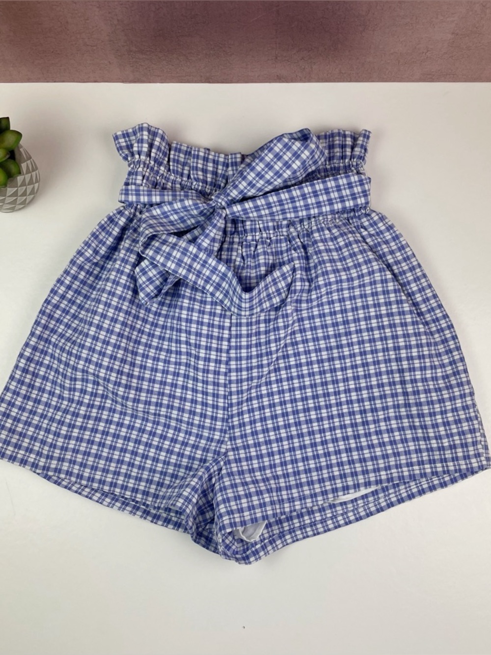 English Factory Blue White Gingham Check Plaid Shorts Women Size XS Casual